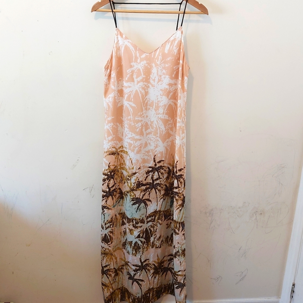 AUDREY | Women's Slip Palm Trees Dress Tan Green Size Small